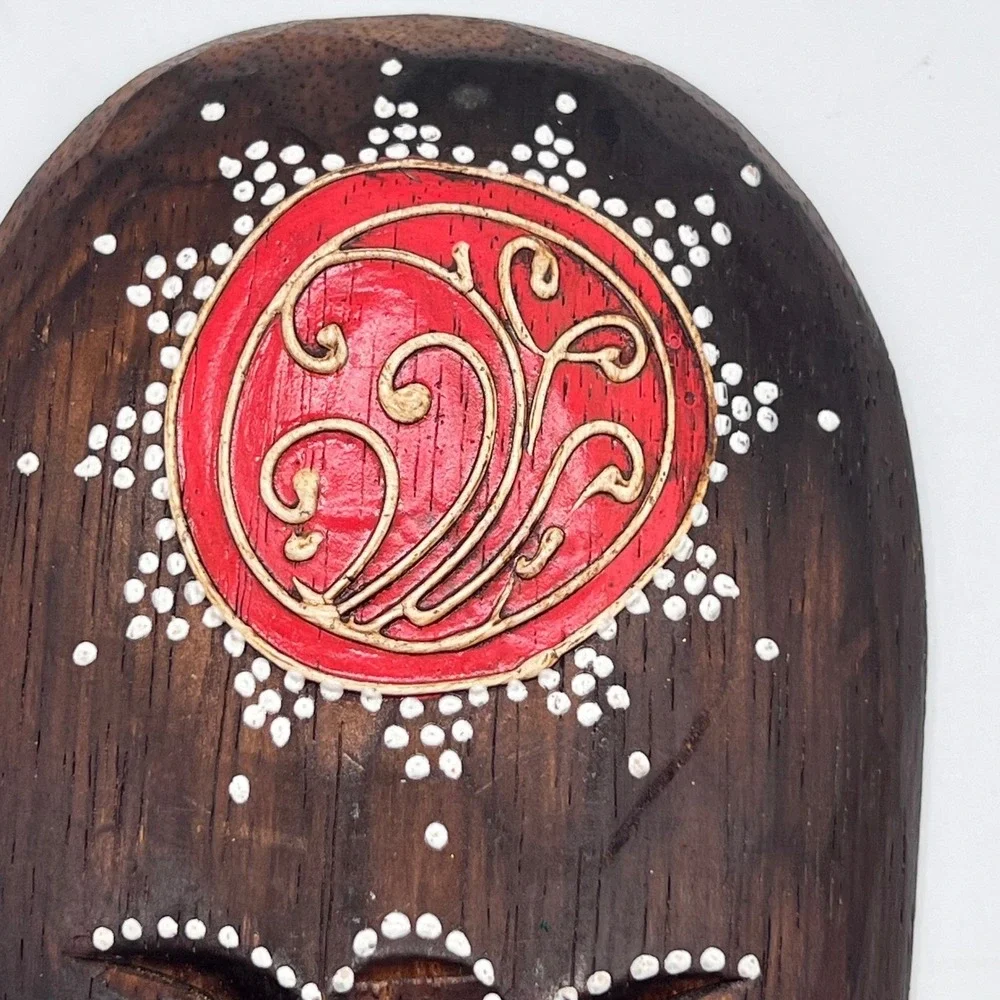Tiki Mask Hand Carved & Painted Wood Brown Red White Dot Tribal Indonesia Art